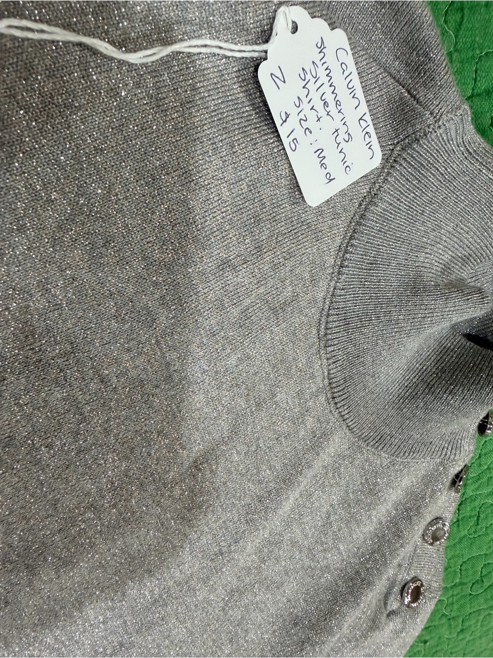 Calvin Klein Silver Sparkle Crewneck Tunic with Button Detail